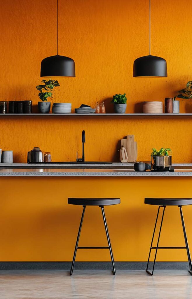 Orange gestrichene Wand in einer Küche